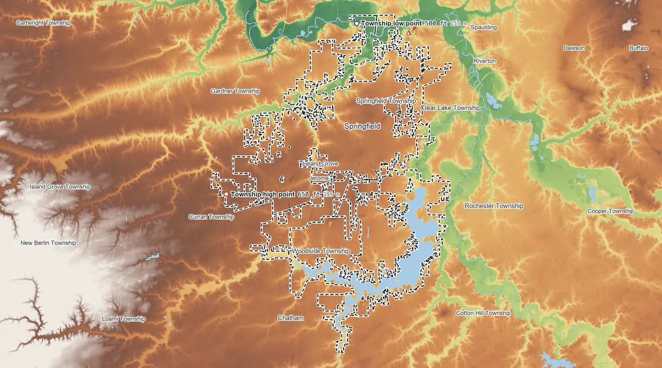 Topographic elevation map of Capital Township, Illinois, shaded from 500 ft on the north side to 650 ft on the west side