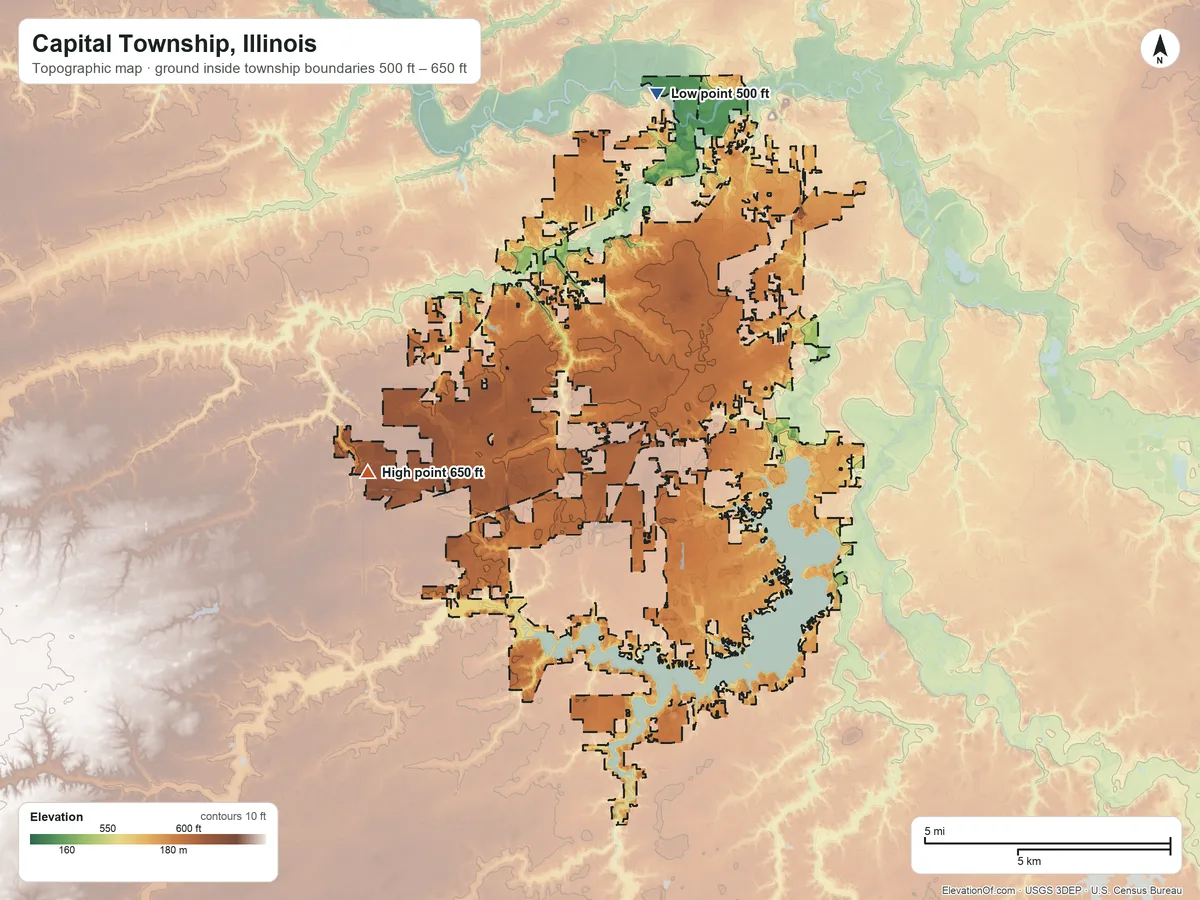 Topographic elevation map of Capital Township, Illinois, shaded from 500 ft on the north side to 650 ft on the west side