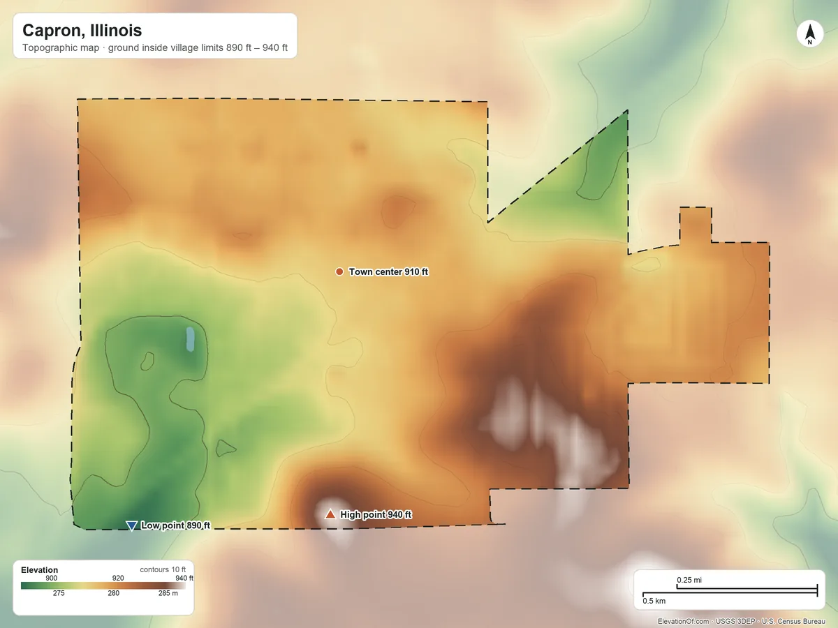 Topographic elevation map of Capron, Illinois, shaded from 890 ft on the southwest side to 940 ft on the south side