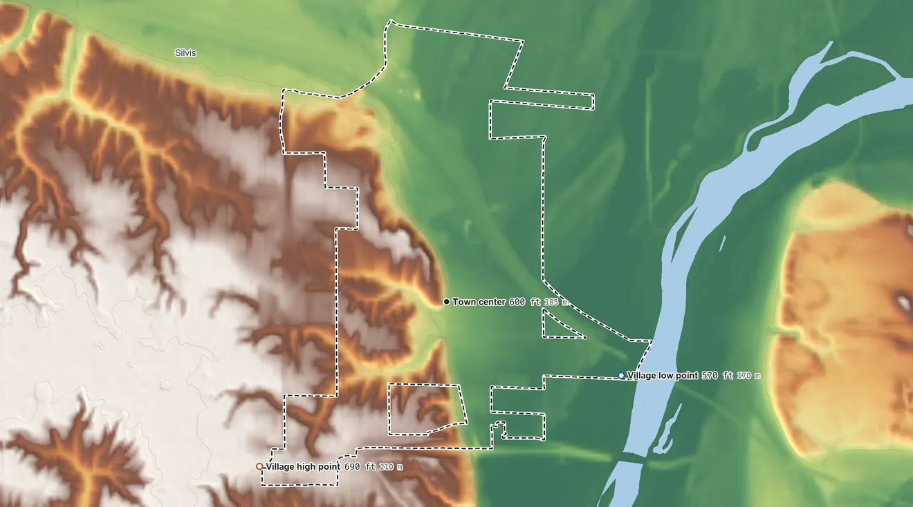 Topographic elevation map of Carbon Cliff, Illinois, shaded from 570 ft on the southeast side to 690 ft on the southwest side