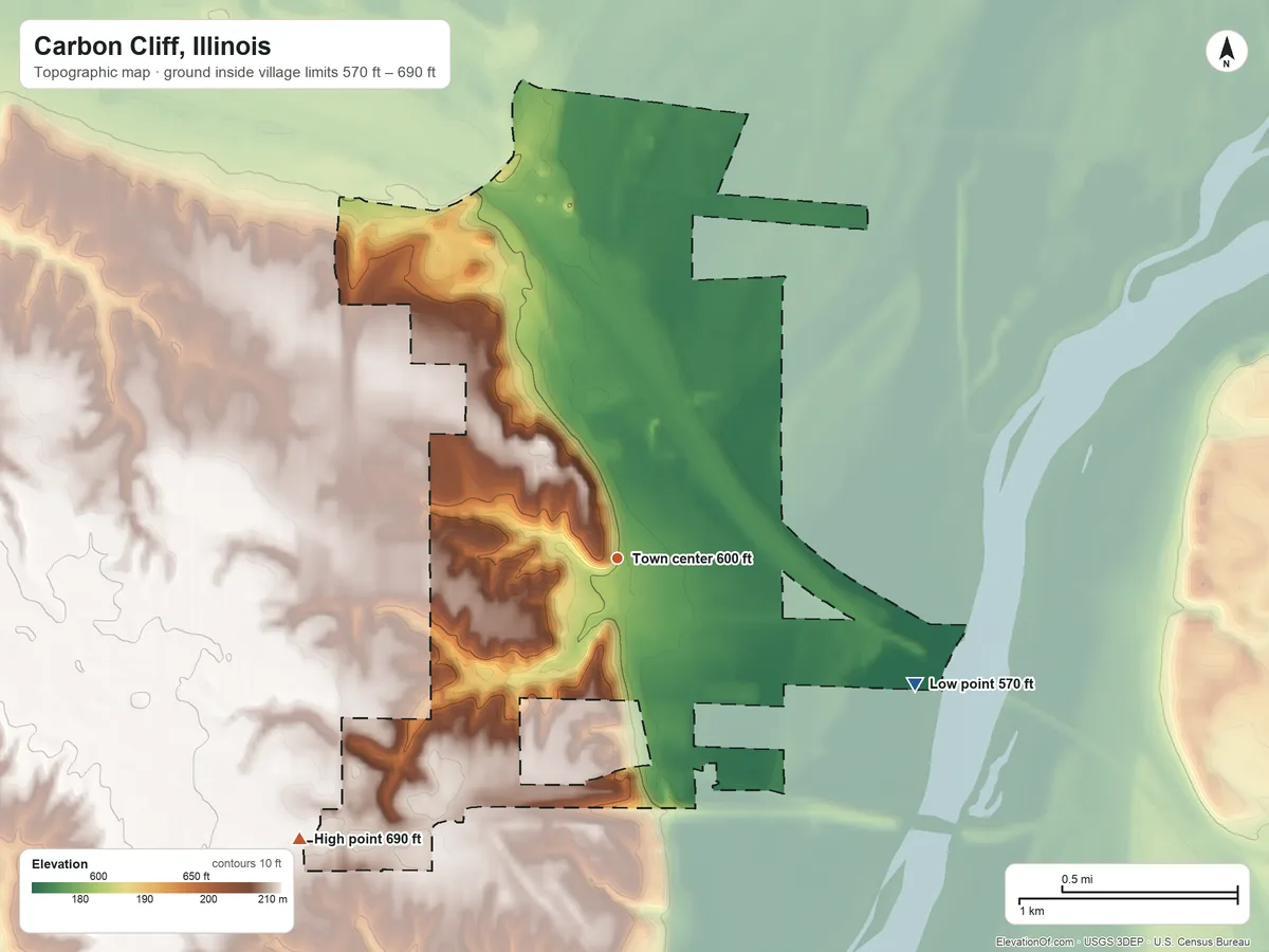 Topographic elevation map of Carbon Cliff, Illinois, shaded from 570 ft on the southeast side to 690 ft on the southwest side