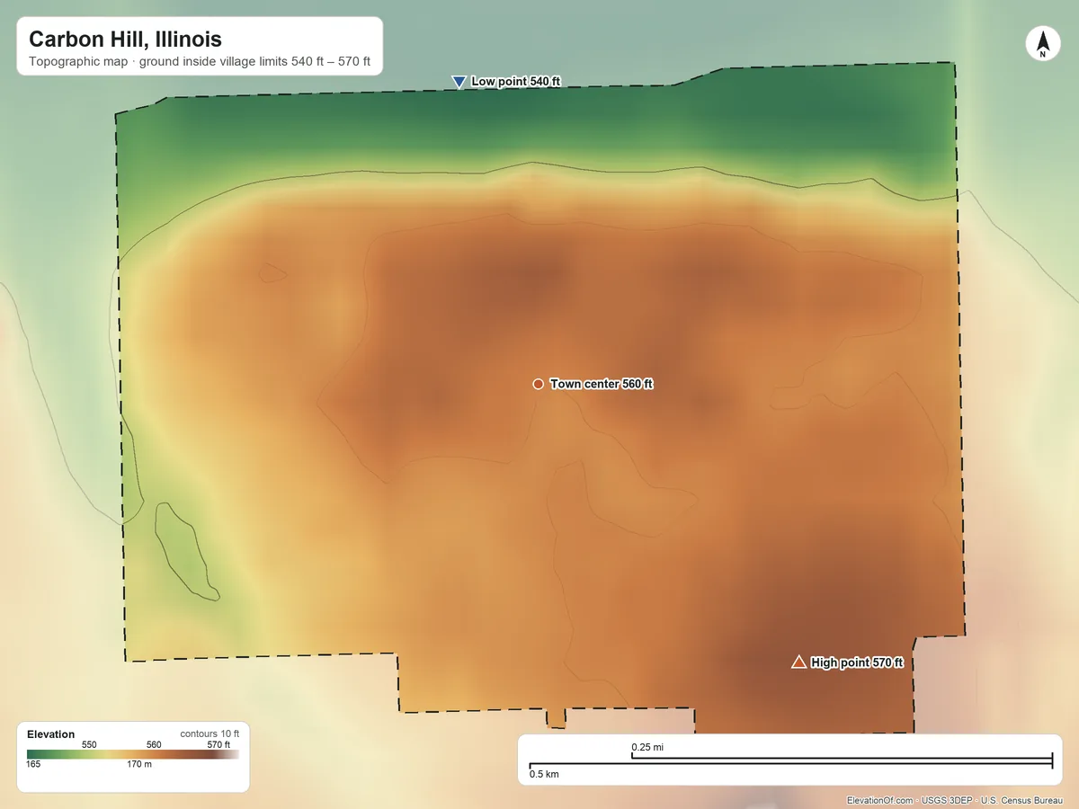 Topographic elevation map of Carbon Hill, Illinois, shaded from 540 ft on the north side to 570 ft on the southeast side