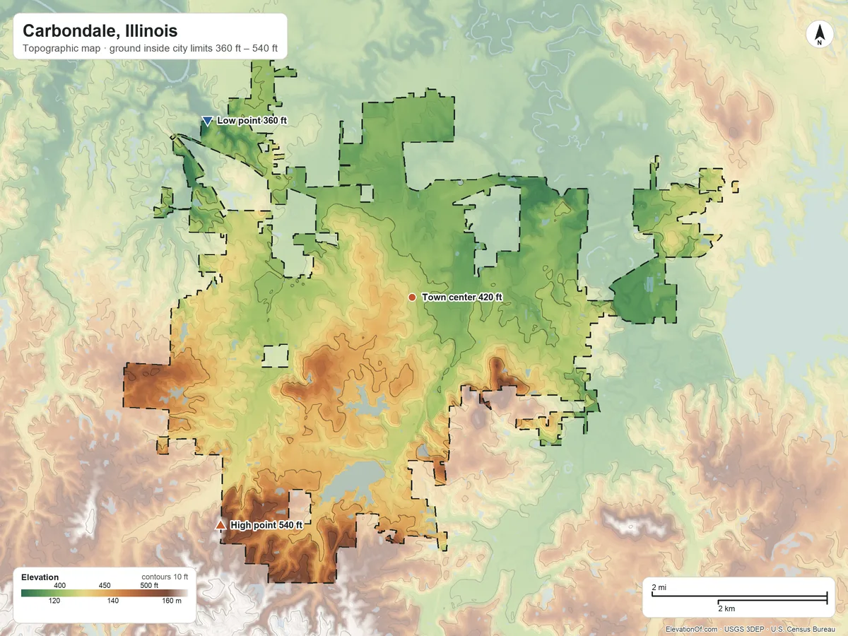 Topographic elevation map of Carbondale, Illinois, shaded from 360 ft on the northwest side to 540 ft on the southwest side