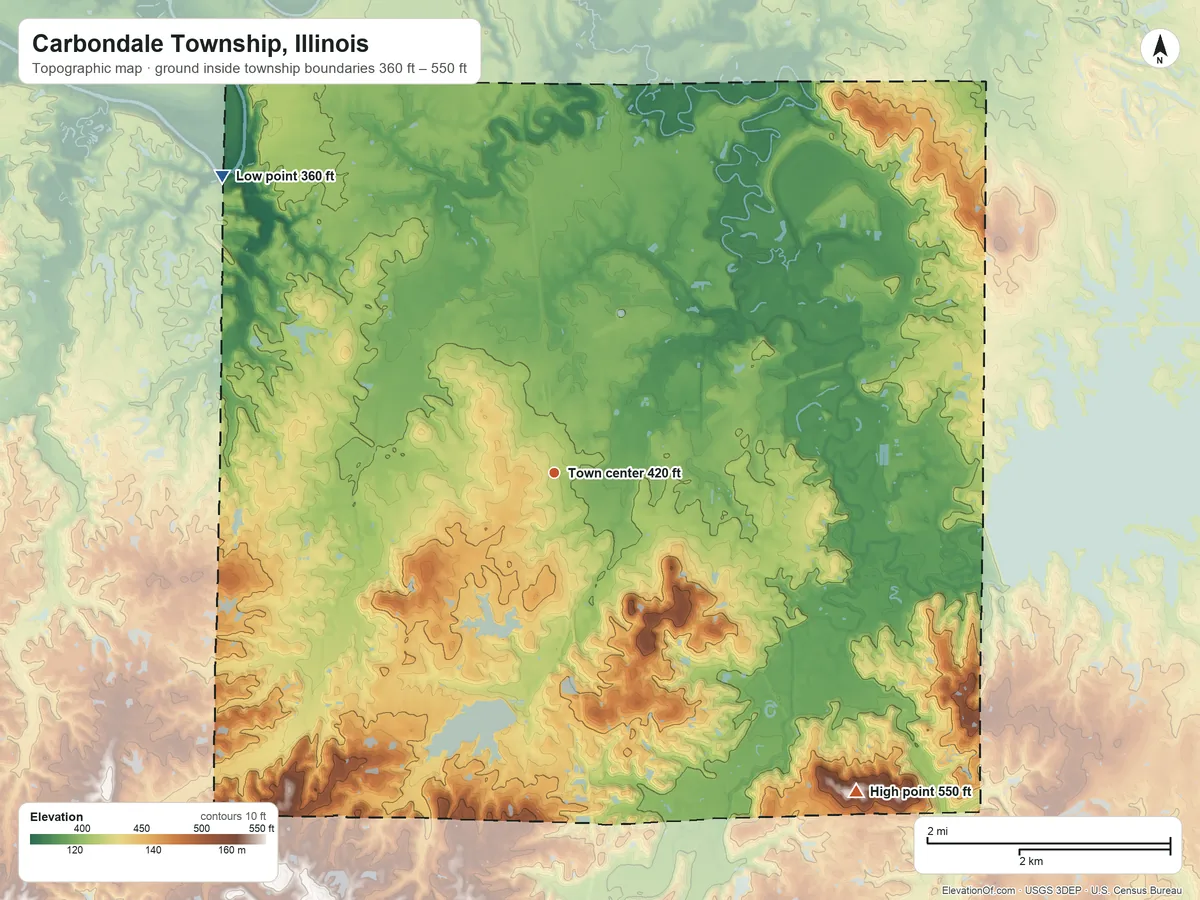 Topographic elevation map of Carbondale Township, Illinois, shaded from 360 ft on the northwest side to 550 ft on the southeast side