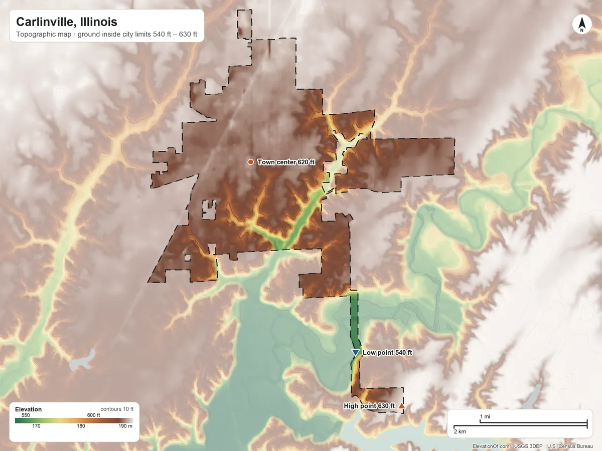 Topographic elevation map of Carlinville, Illinois, shaded from 540 ft on the southeast side to 630 ft on the southeast side