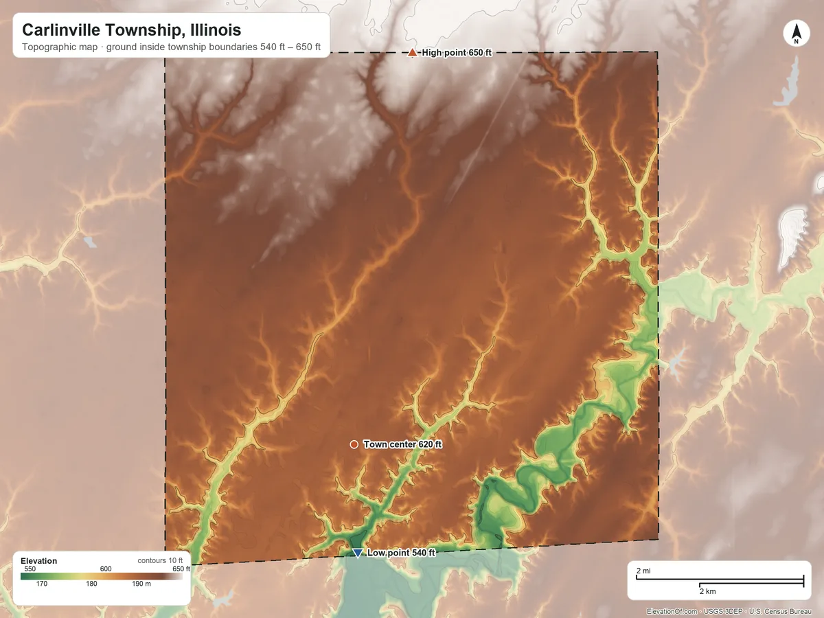 Topographic elevation map of Carlinville Township, Illinois, shaded from 540 ft on the south side to 650 ft on the north side