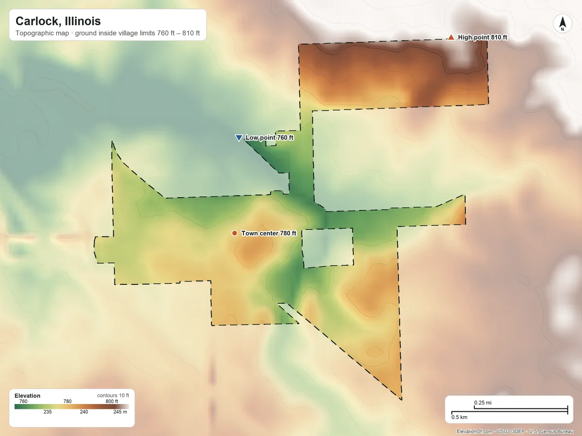 Topographic elevation map of Carlock, Illinois, shaded from 760 ft on the north side to 810 ft on the northeast side