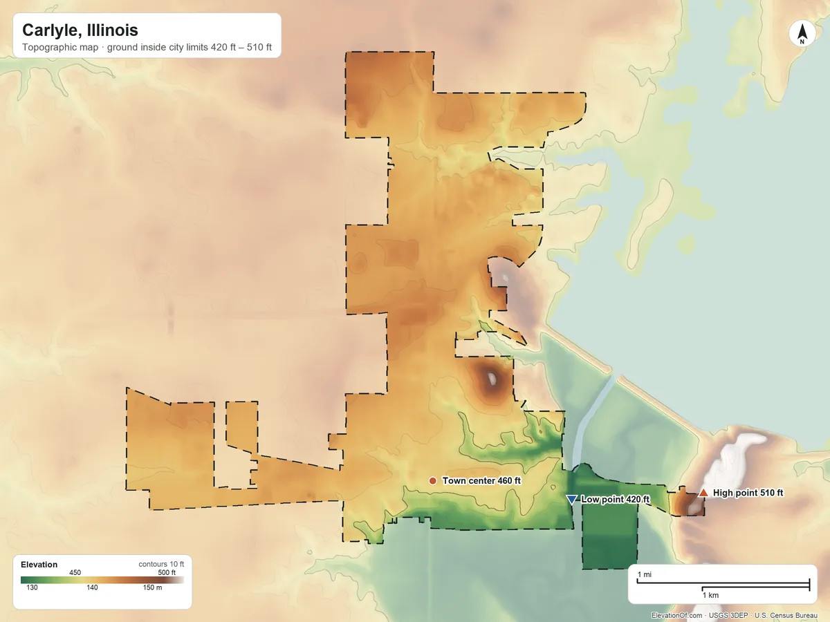 Topographic elevation map of Carlyle, Illinois, shaded from 420 ft on the east side to 510 ft on the east side