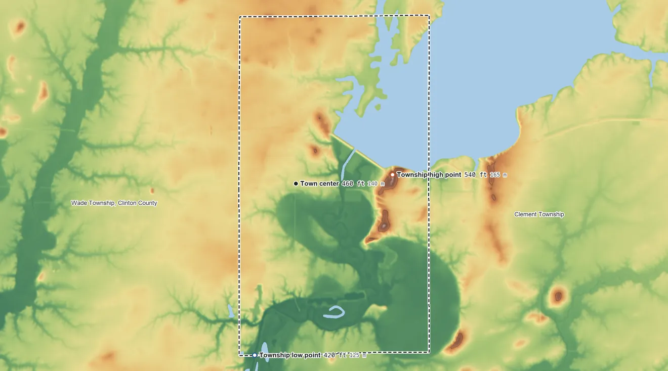 Topographic elevation map of Carlyle Township, Illinois, shaded from 420 ft on the south side to 539 ft on Corcoran Hill