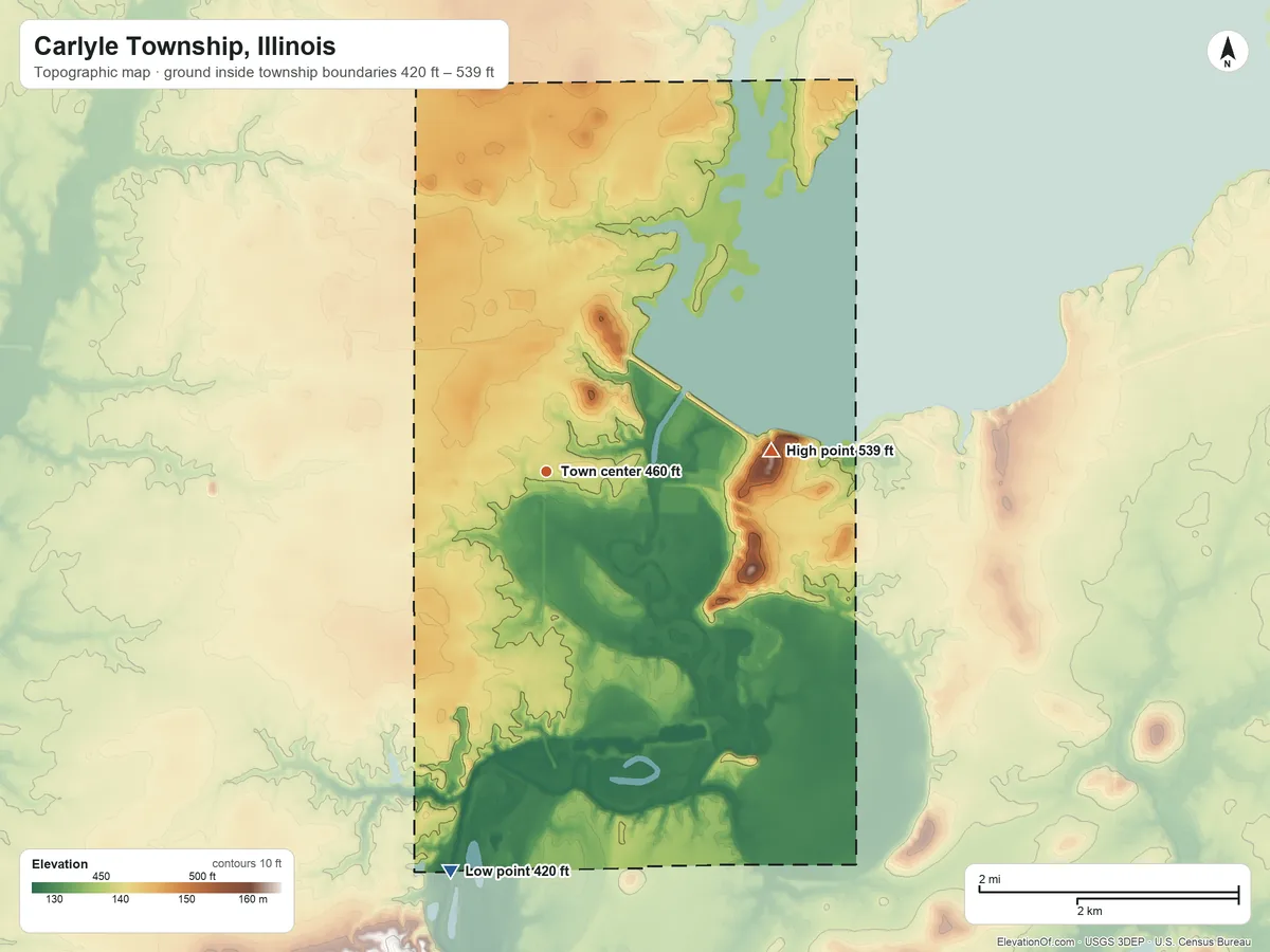 Topographic elevation map of Carlyle Township, Illinois, shaded from 420 ft on the south side to 539 ft on Corcoran Hill