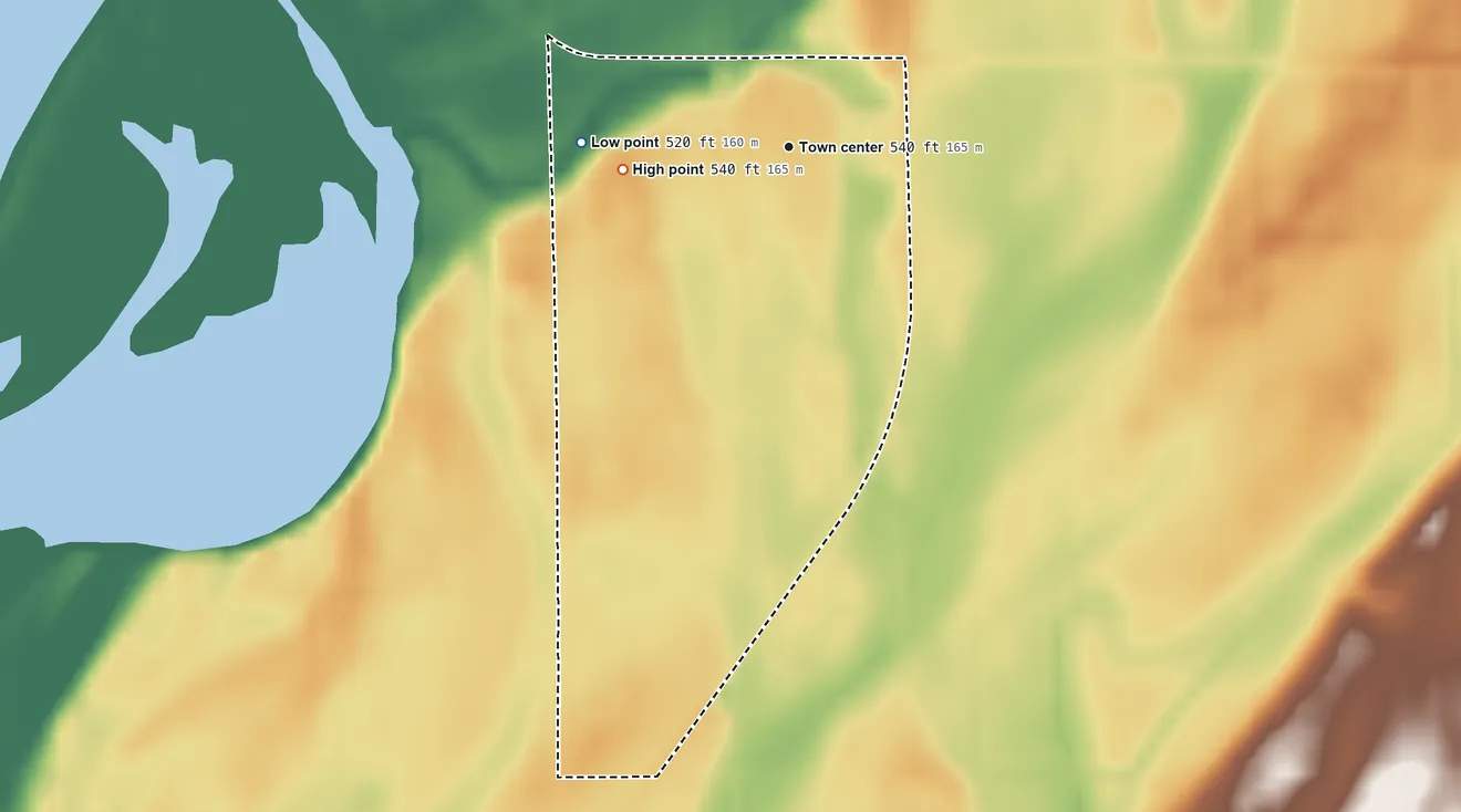 Topographic elevation map of Carman, Illinois, shaded from 520 ft on the west side to 540 ft on the west side