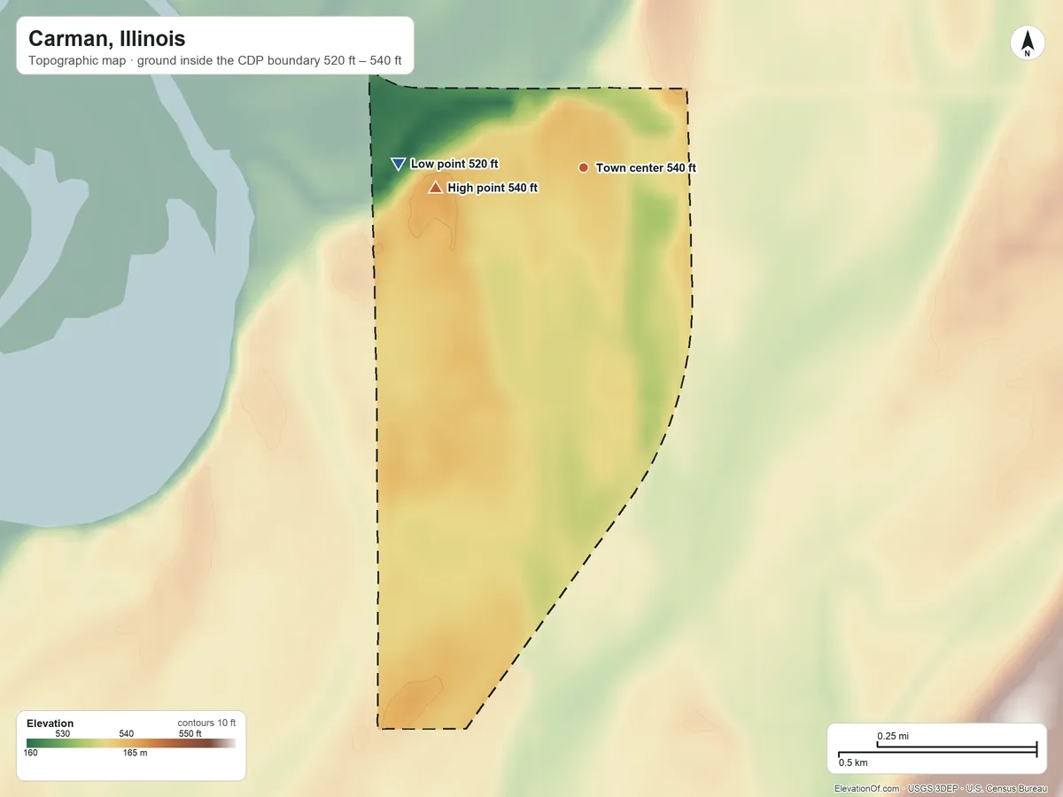 Topographic elevation map of Carman, Illinois, shaded from 520 ft on the west side to 540 ft on the west side