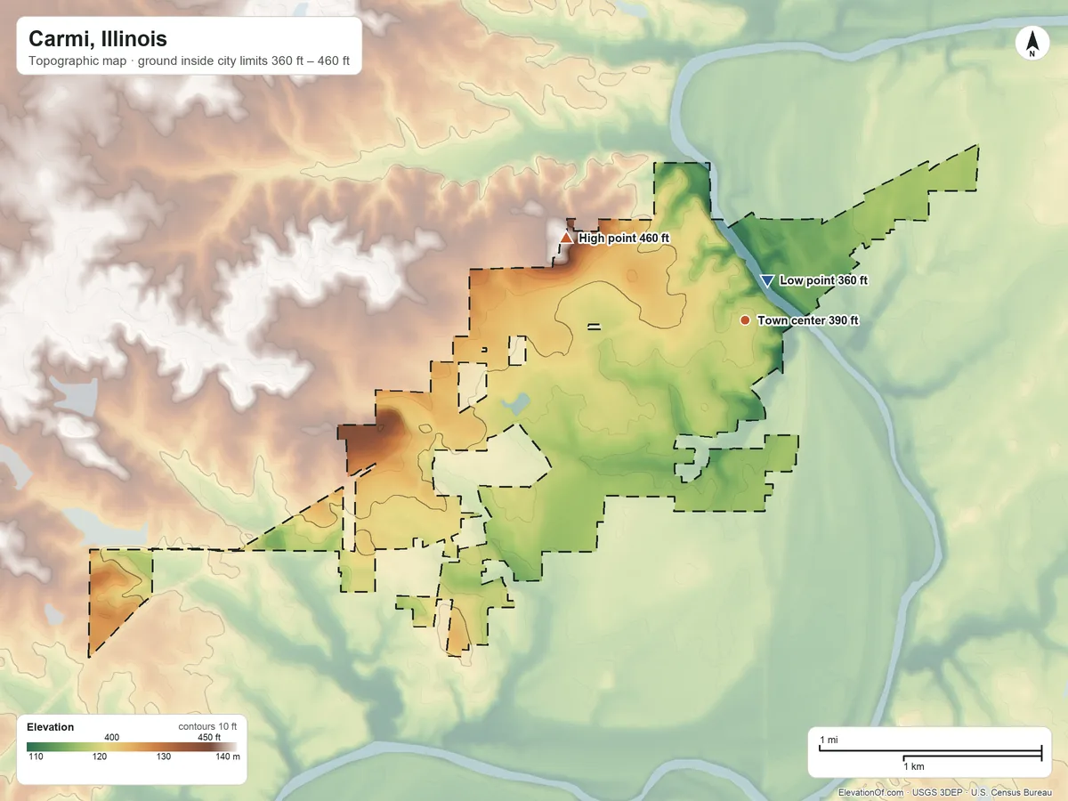 Topographic elevation map of Carmi, Illinois, shaded from 360 ft near the middle to 460 ft on the northwest side