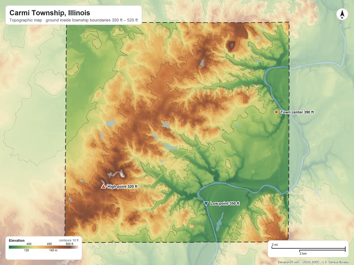 Topographic elevation map of Carmi Township, Illinois, shaded from 350 ft on the southwest side to 520 ft on the southwest side