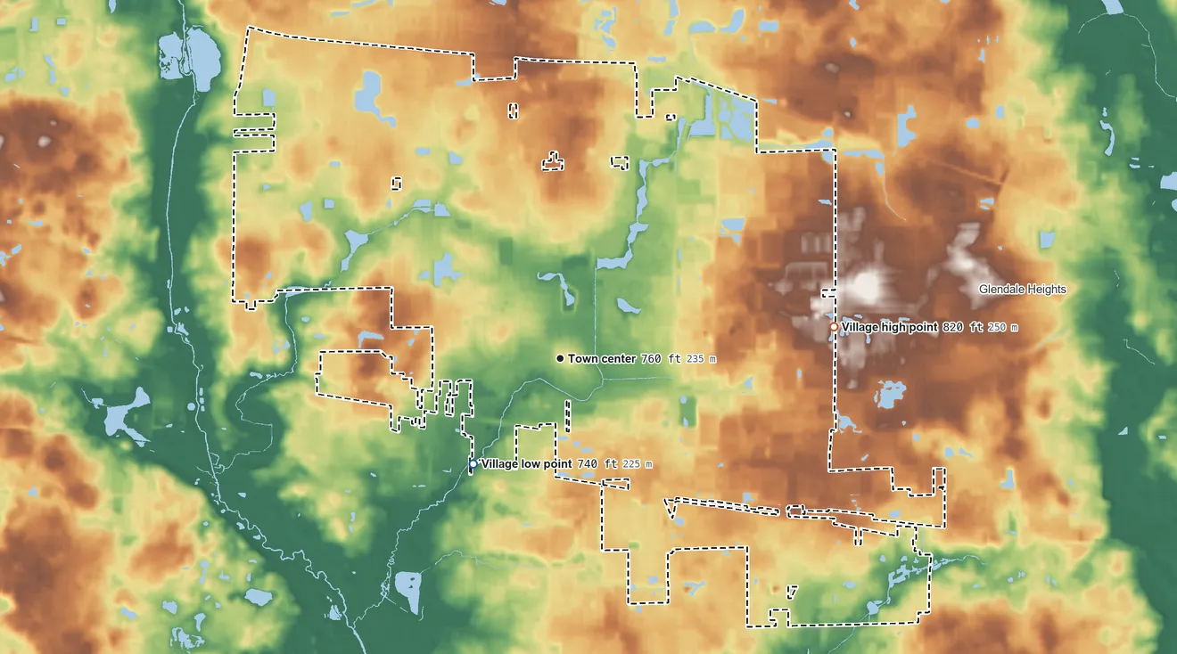 Topographic elevation map of Carol Stream, Illinois, shaded from 740 ft on the southwest side to 820 ft on the east side