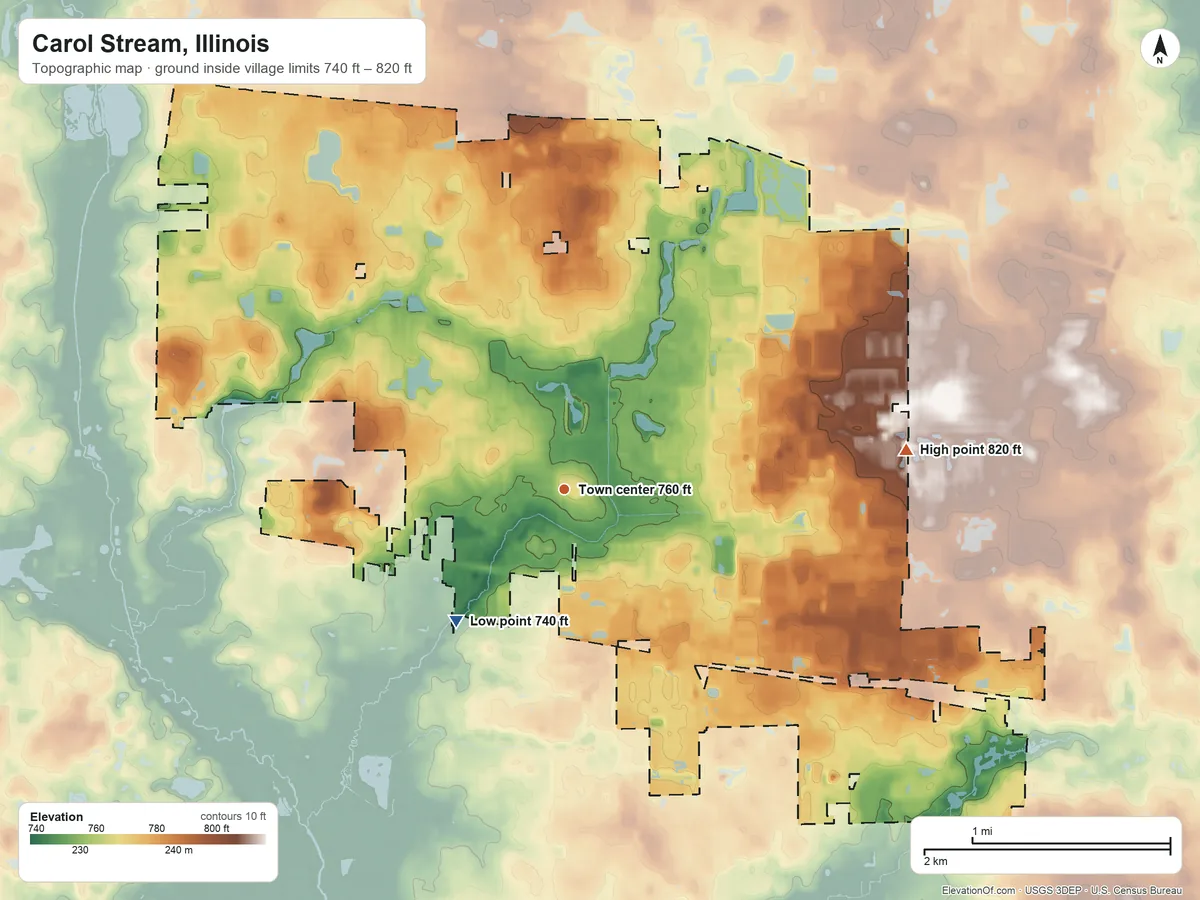 Topographic elevation map of Carol Stream, Illinois, shaded from 740 ft on the southwest side to 820 ft on the east side