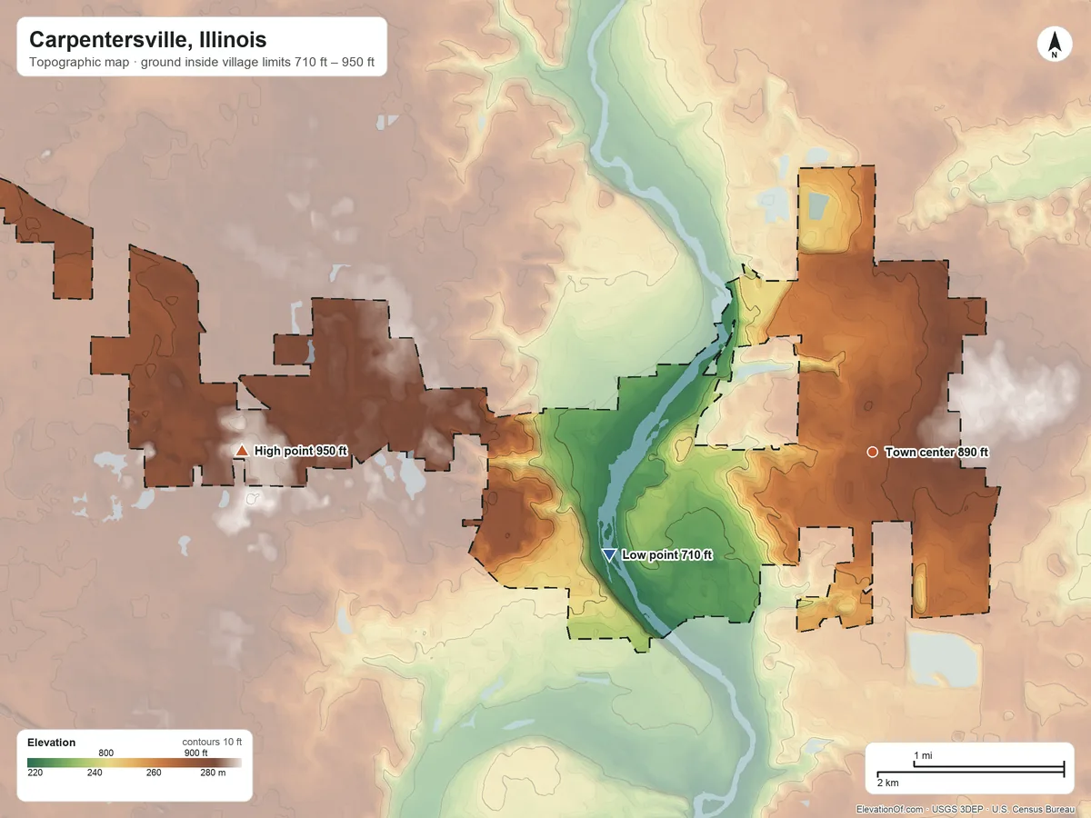 Topographic elevation map of Carpentersville, Illinois, shaded from 710 ft on the west side to 950 ft on the west side