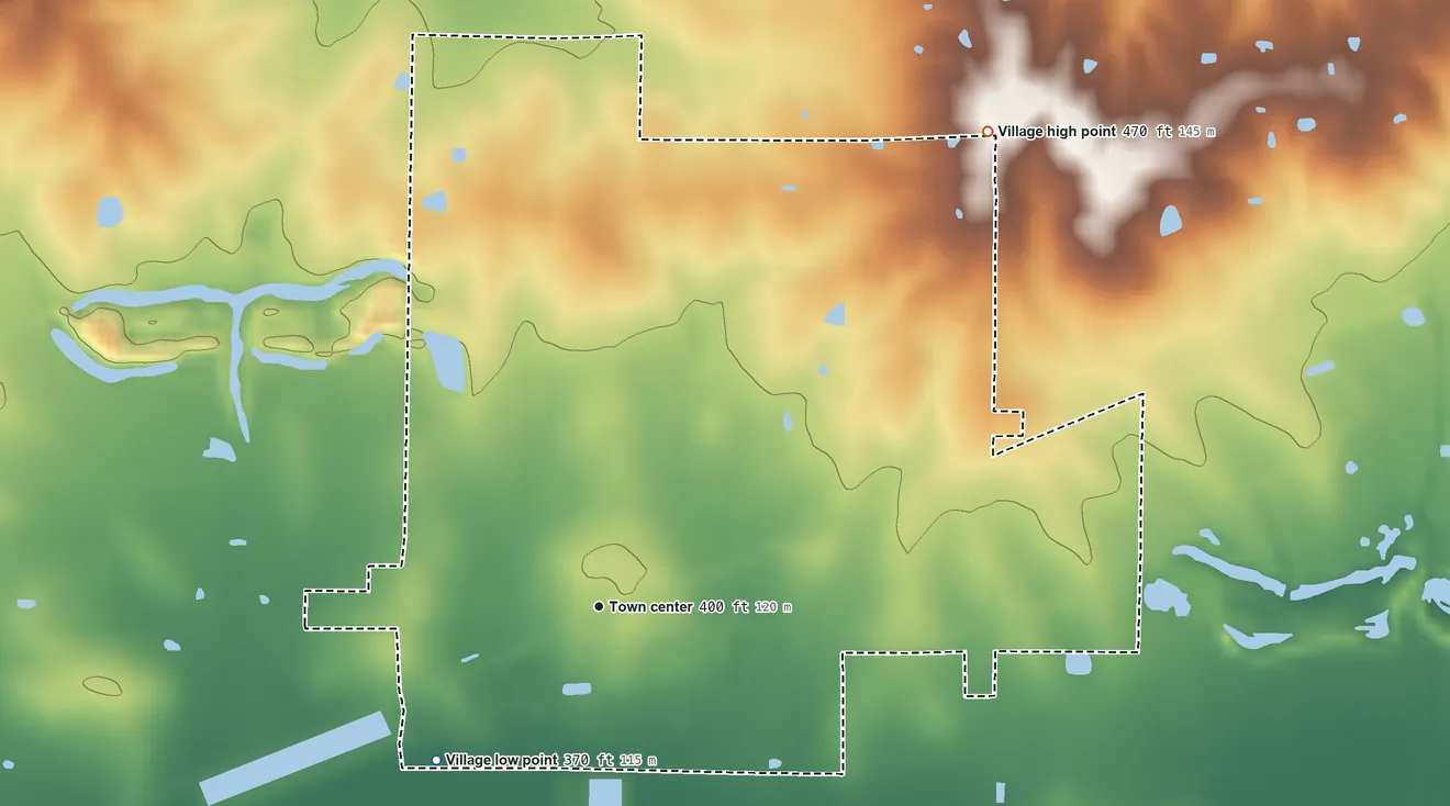 Topographic elevation map of Carrier Mills, Illinois, shaded from 370 ft on the southwest side to 470 ft on the northeast side