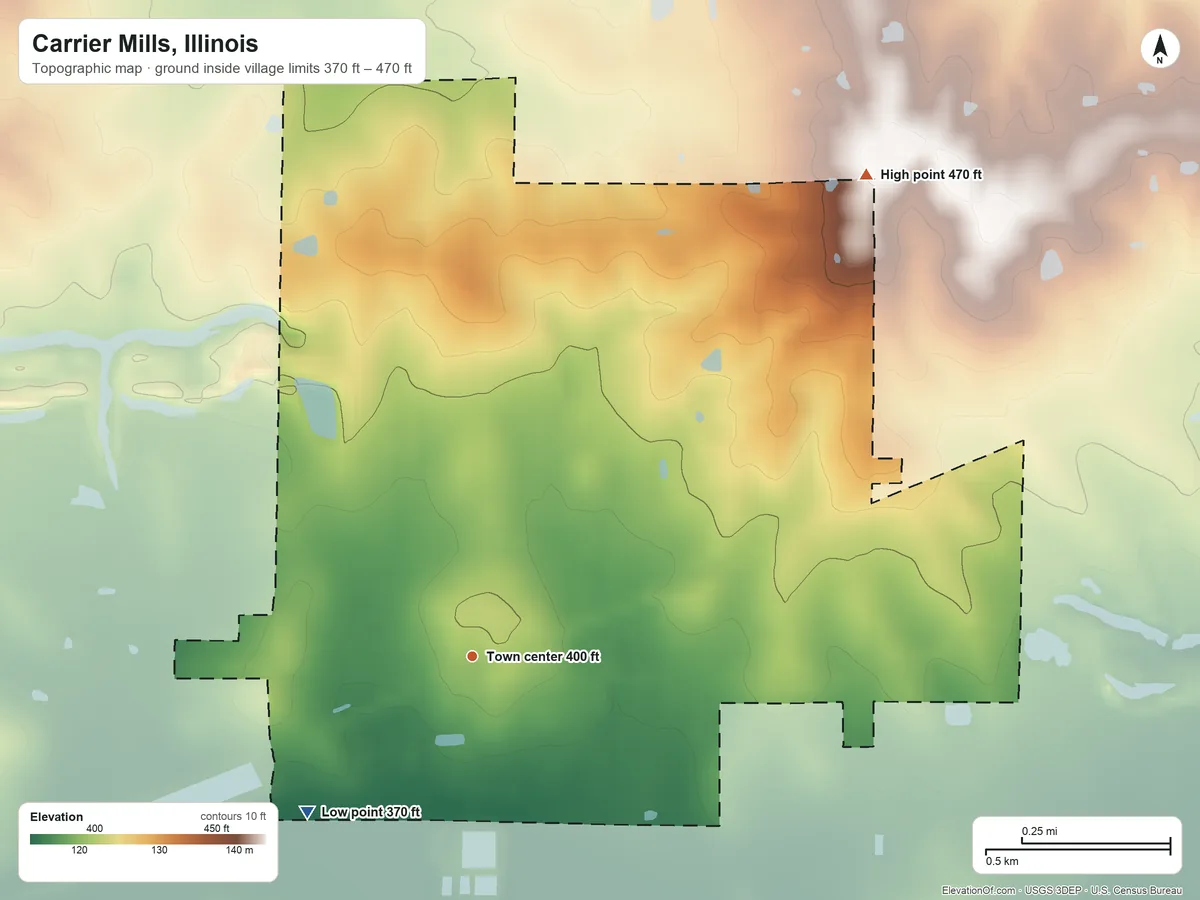Topographic elevation map of Carrier Mills, Illinois, shaded from 370 ft on the southwest side to 470 ft on the northeast side