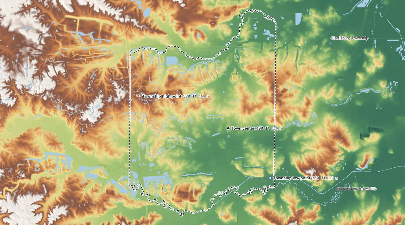 Topographic elevation map of Carrier Mills Township, Illinois, shaded from 360 ft on the southeast side to 520 ft on the west side