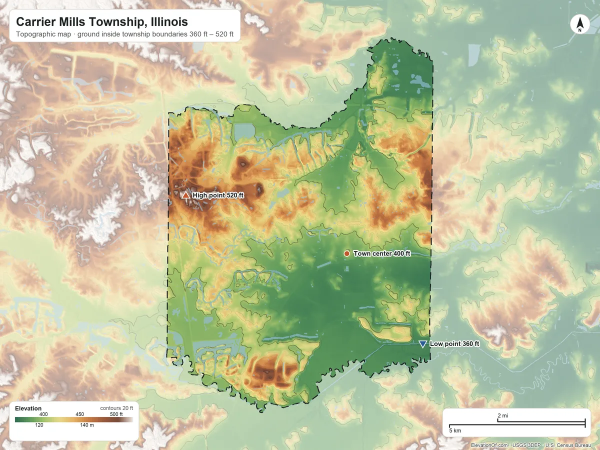 Topographic elevation map of Carrier Mills Township, Illinois, shaded from 360 ft on the southeast side to 520 ft on the west side