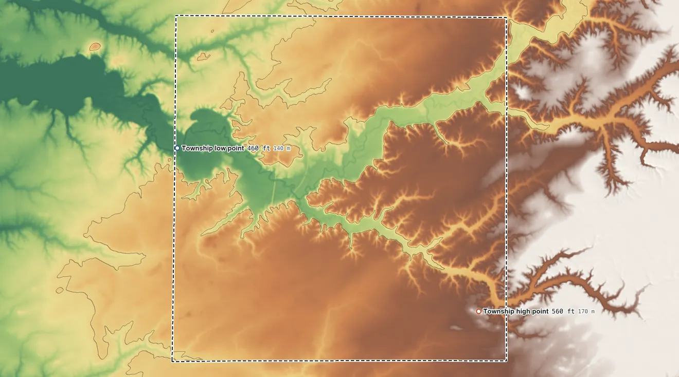 Topographic elevation map of Carrigan Township, Illinois, shaded from 460 ft on the west side to 560 ft on the southeast side