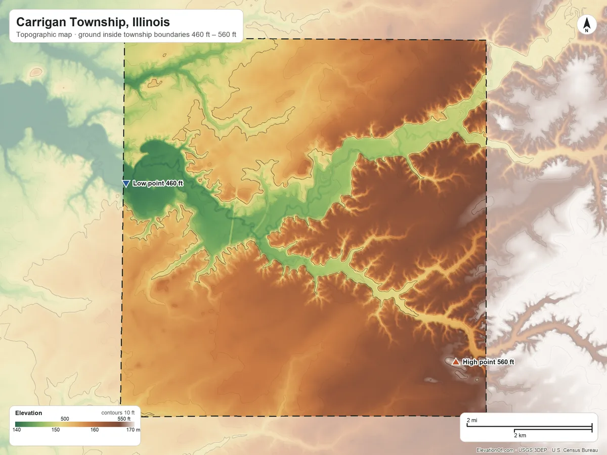 Topographic elevation map of Carrigan Township, Illinois, shaded from 460 ft on the west side to 560 ft on the southeast side
