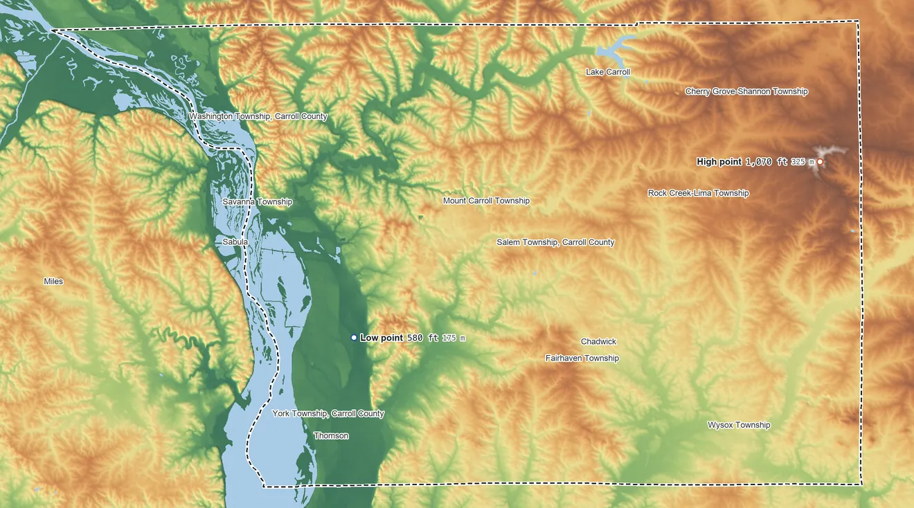 Topographic elevation map of Carroll County, Illinois, shaded from 580 ft on the southwest side to 1,070 ft on the east side