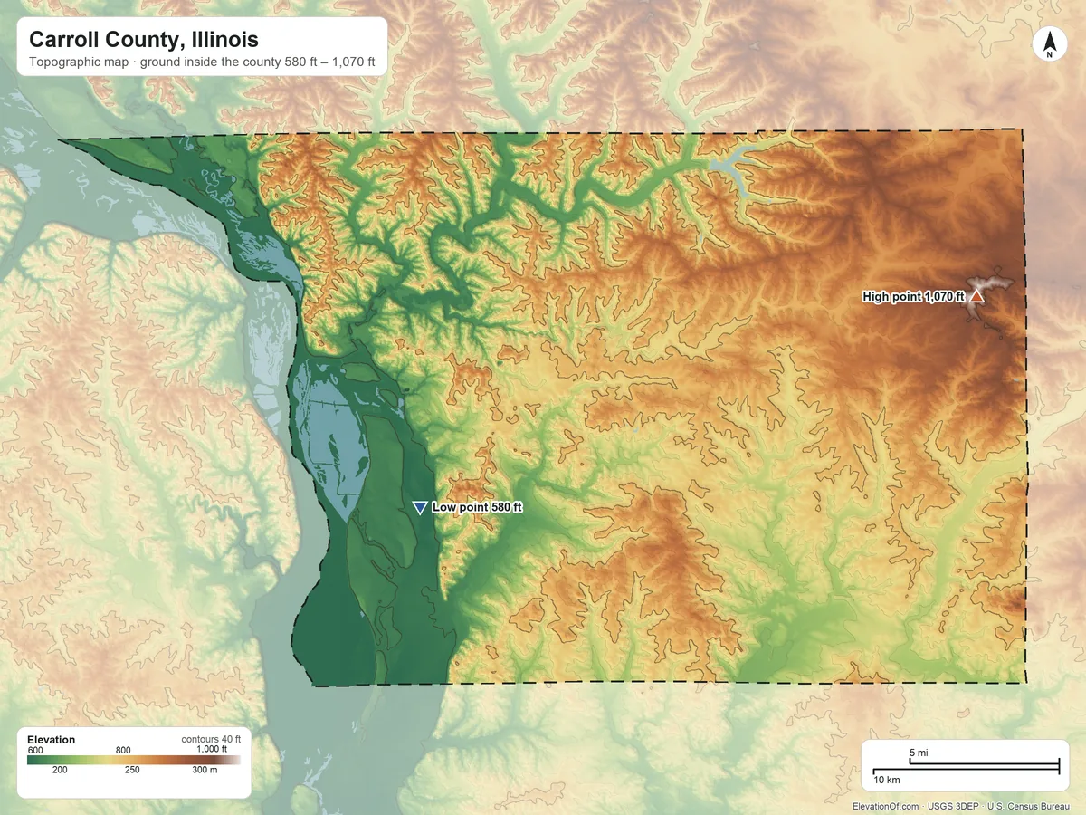 Topographic elevation map of Carroll County, Illinois, shaded from 580 ft on the southwest side to 1,070 ft on the east side