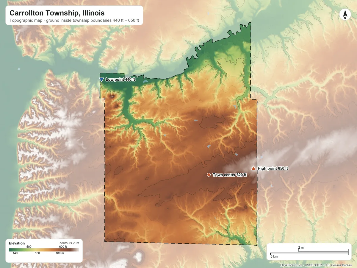 Topographic elevation map of Carrollton Township, Illinois, shaded from 440 ft on the northwest side to 650 ft on the east side