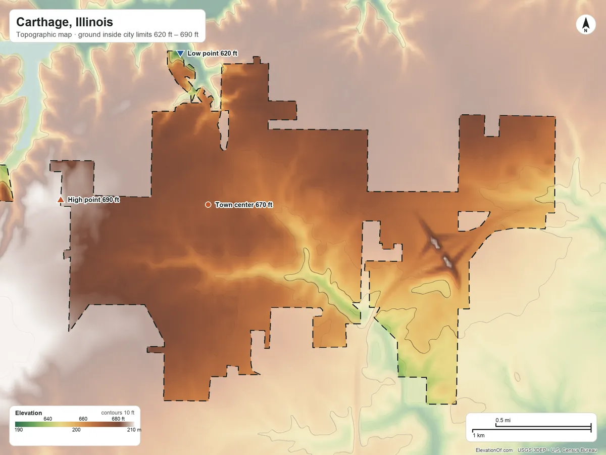 Topographic elevation map of Carthage, Illinois, shaded from 620 ft on the north side to 690 ft on the west side