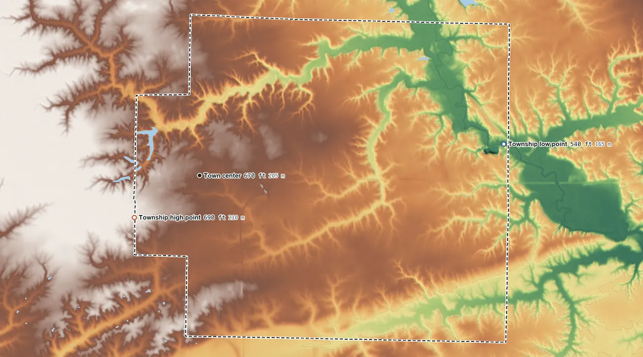 Topographic elevation map of Carthage Township, Illinois, shaded from 540 ft on the east side to 690 ft on the southwest side