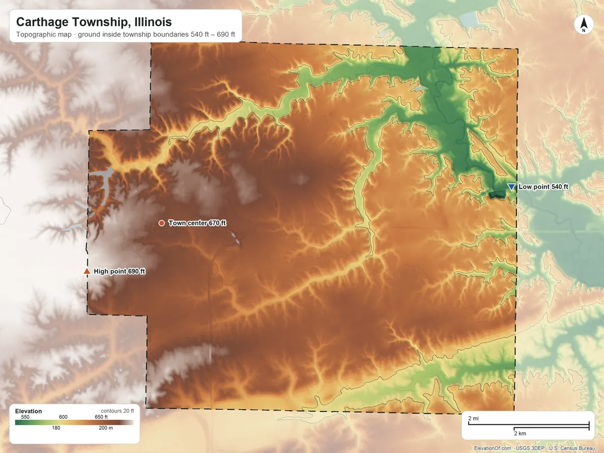 Topographic elevation map of Carthage Township, Illinois, shaded from 540 ft on the east side to 690 ft on the southwest side