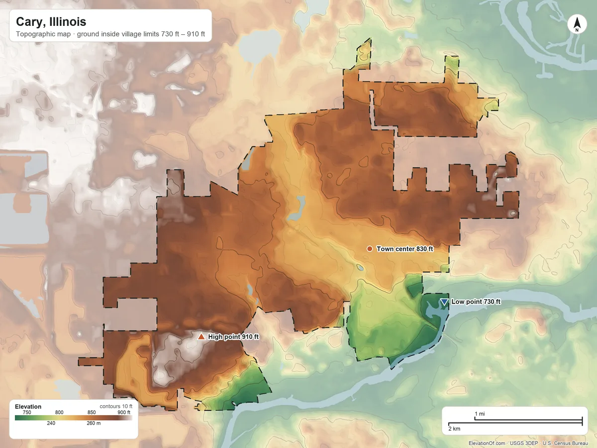 Topographic elevation map of Cary, Illinois, shaded from 730 ft on the southeast side to 910 ft on the southwest side