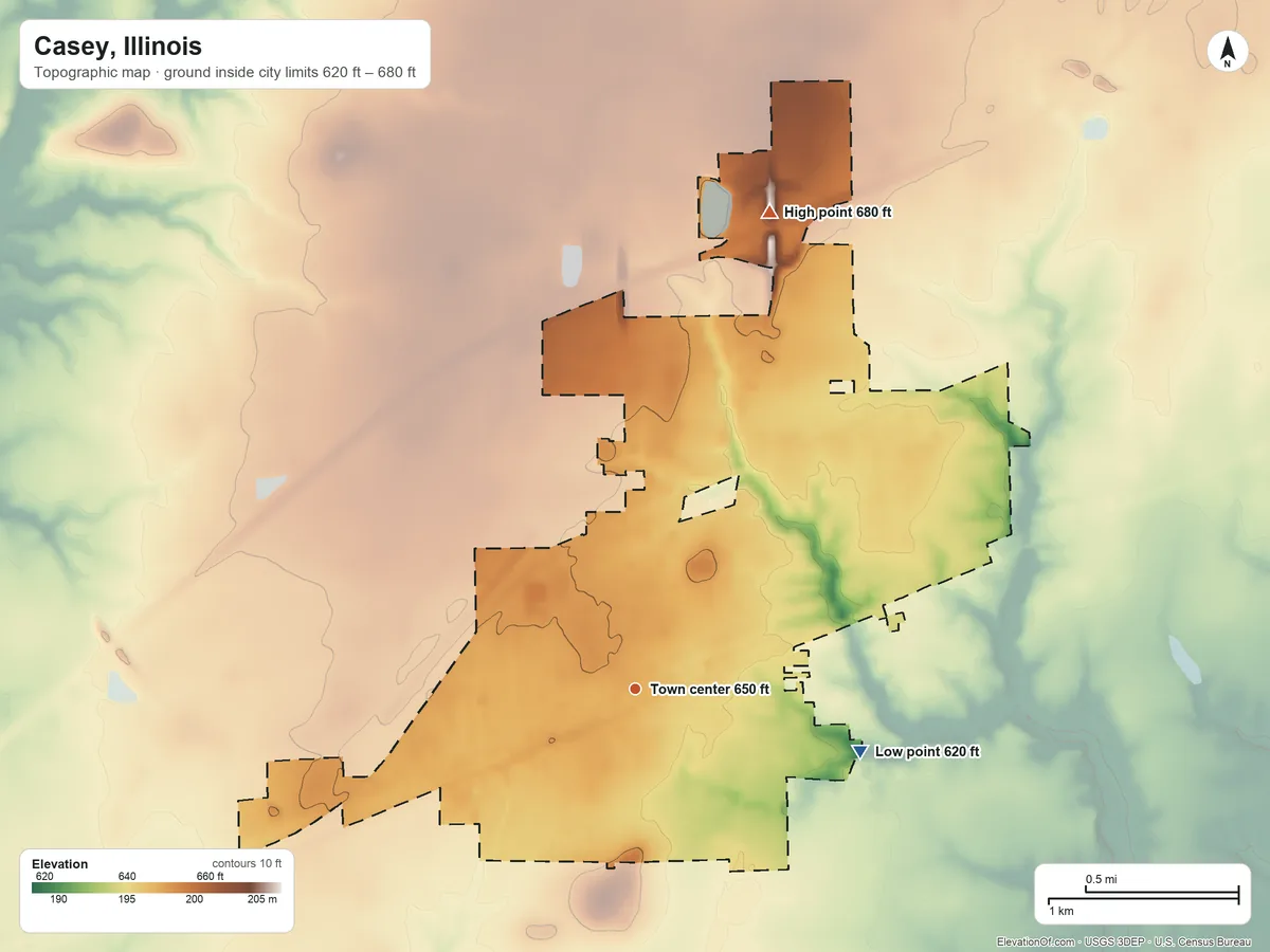 Topographic elevation map of Casey, Illinois, shaded from 620 ft on the east side to 680 ft on the north side