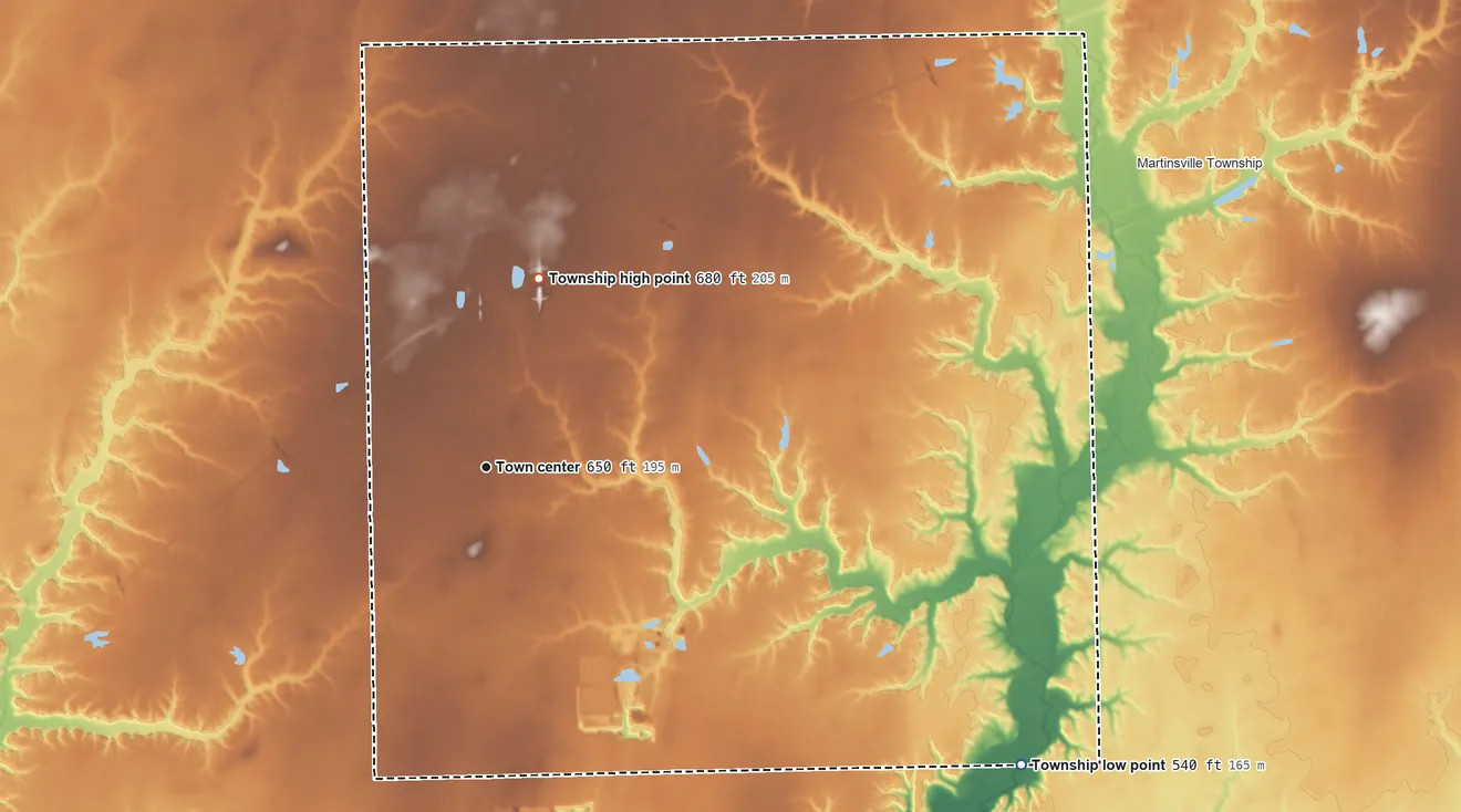 Topographic elevation map of Casey Township, Illinois, shaded from 540 ft on the southeast side to 680 ft on the north side