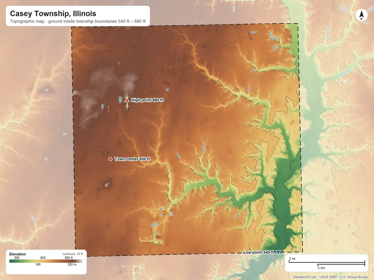 Topographic elevation map of Casey Township, Illinois, shaded from 540 ft on the southeast side to 680 ft on the north side