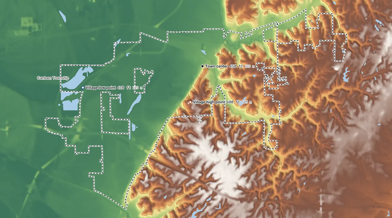 Topographic elevation map of Caseyville, Illinois, shaded from 410 ft on the west side to 600 ft on the south side