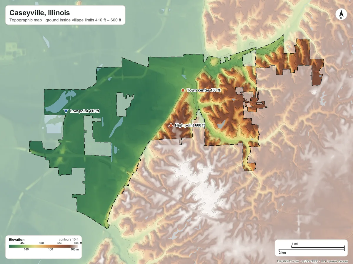 Topographic elevation map of Caseyville, Illinois, shaded from 410 ft on the west side to 600 ft on the south side