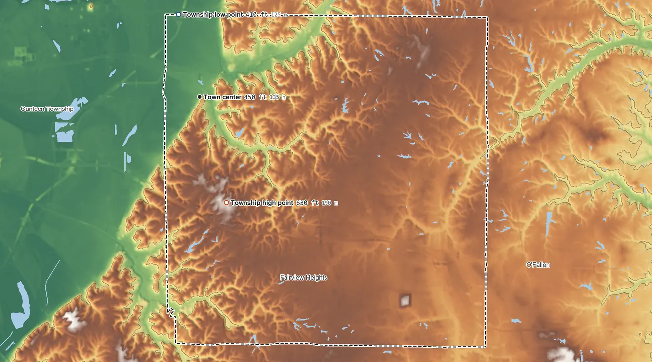 Topographic elevation map of Caseyville Township, Illinois, shaded from 410 ft on the north side to 630 ft on the south side