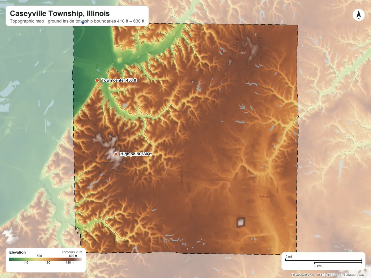 Topographic elevation map of Caseyville Township, Illinois, shaded from 410 ft on the north side to 630 ft on the south side