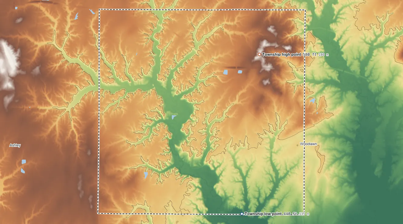 Topographic elevation map of Casner Township, Illinois, shaded from 440 ft on the south side to 580 ft on the north side