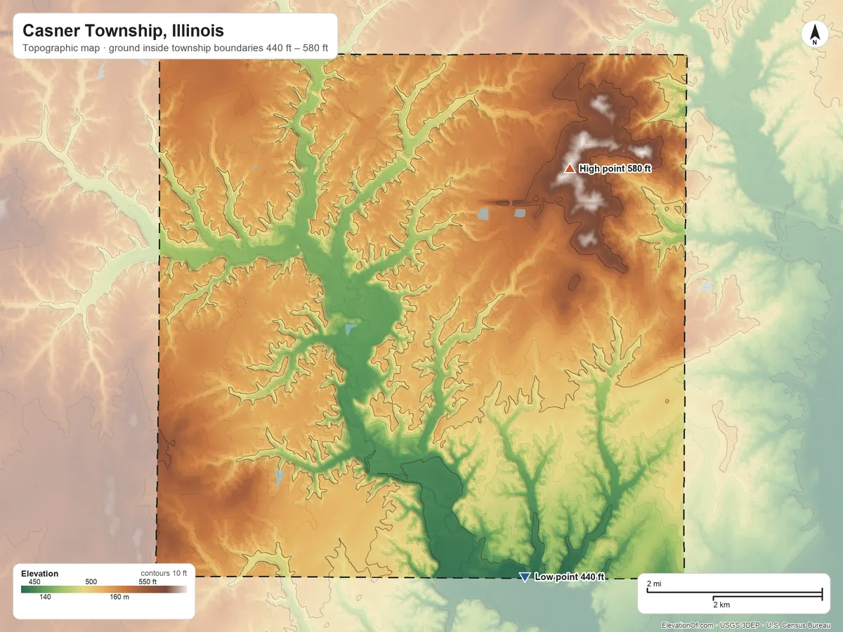 Topographic elevation map of Casner Township, Illinois, shaded from 440 ft on the south side to 580 ft on the north side