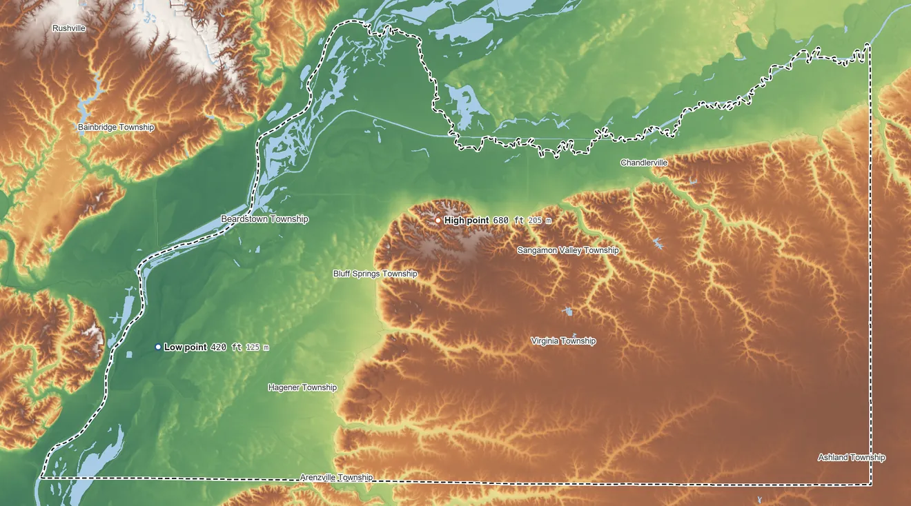 Topographic elevation map of Cass County, Illinois, shaded from 420 ft on the west side to 680 ft near the middle