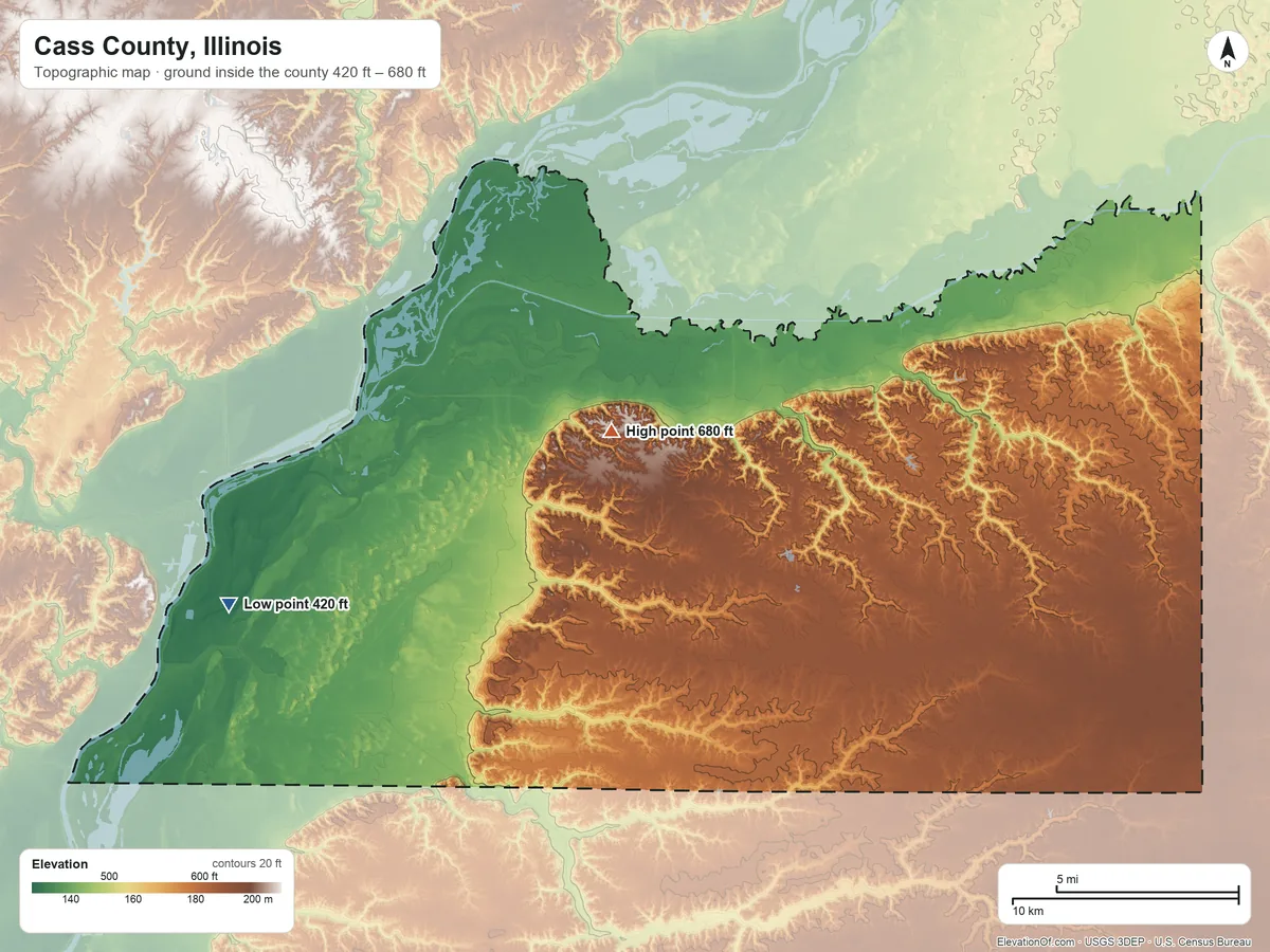 Topographic elevation map of Cass County, Illinois, shaded from 420 ft on the west side to 680 ft near the middle