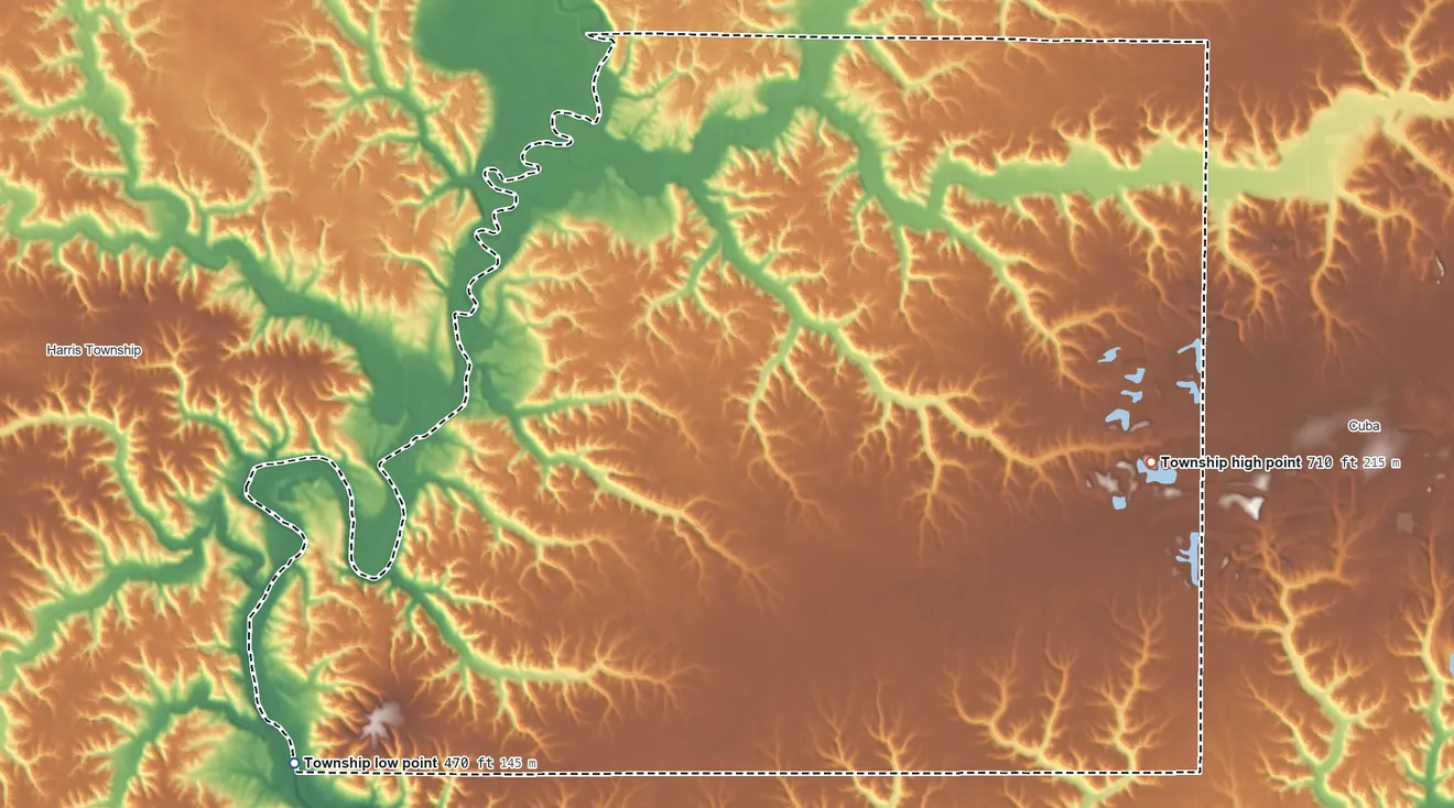 Topographic elevation map of Cass Township, Illinois, shaded from 470 ft on the southwest side to 710 ft on the east side