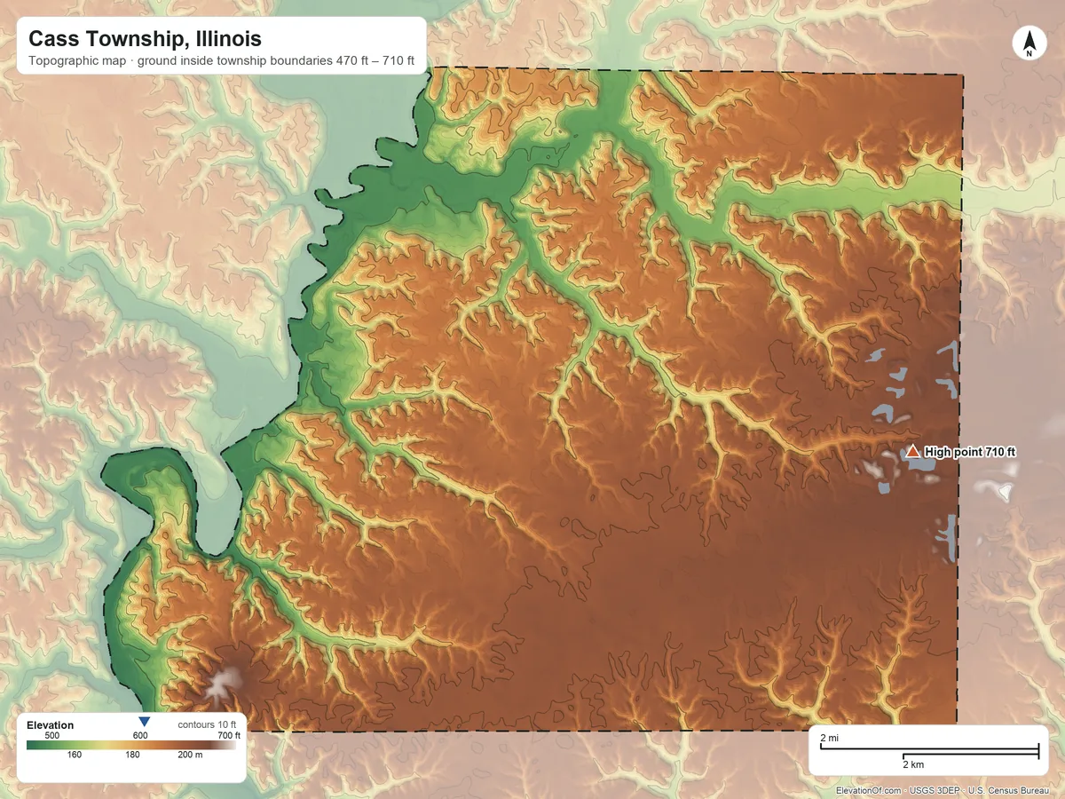 Topographic elevation map of Cass Township, Illinois, shaded from 470 ft on the southwest side to 710 ft on the east side