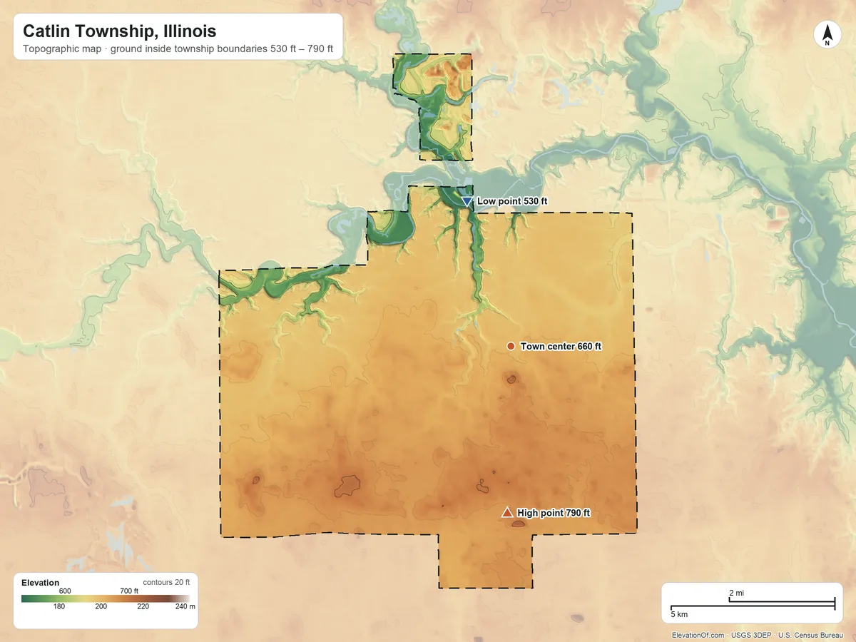 Topographic elevation map of Catlin Township, Illinois, shaded from 530 ft on the north side to 790 ft on the south side