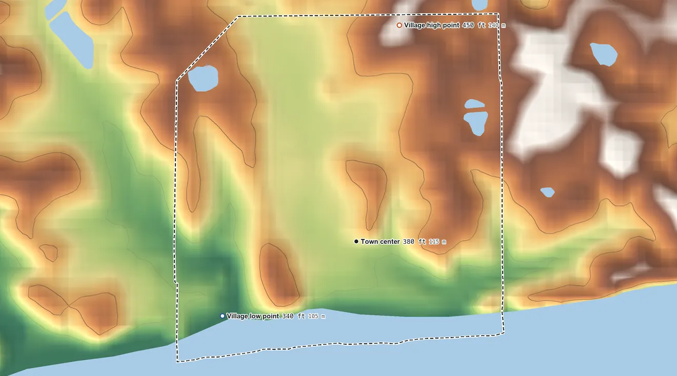 Topographic elevation map of Cave-In-Rock, Illinois, shaded from 340 ft on the southwest side to 450 ft on the north side
