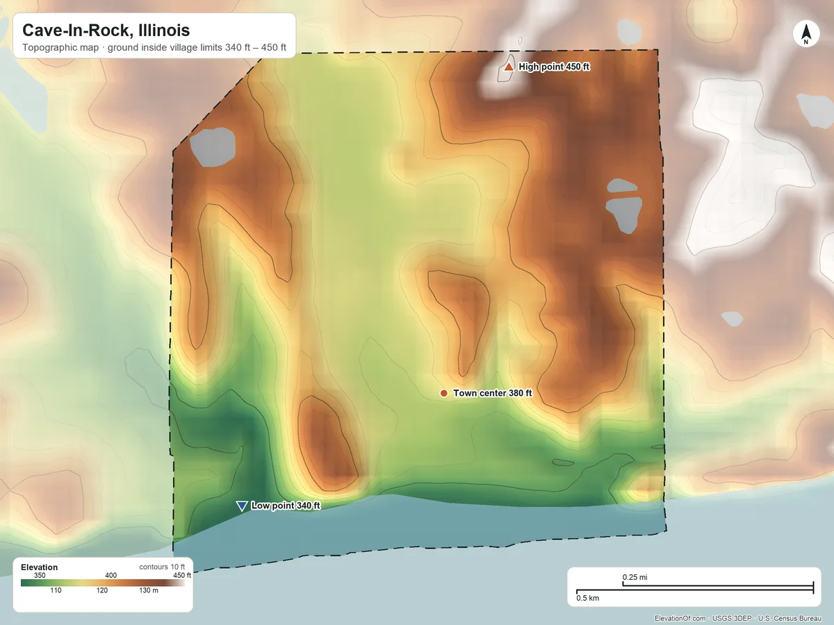 Topographic elevation map of Cave-In-Rock, Illinois, shaded from 340 ft on the southwest side to 450 ft on the north side